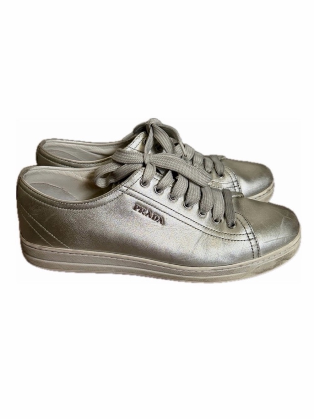 Prada Metallic Silver Leather Low Top Sneakers, size 38.5 - Picture 1 of 15